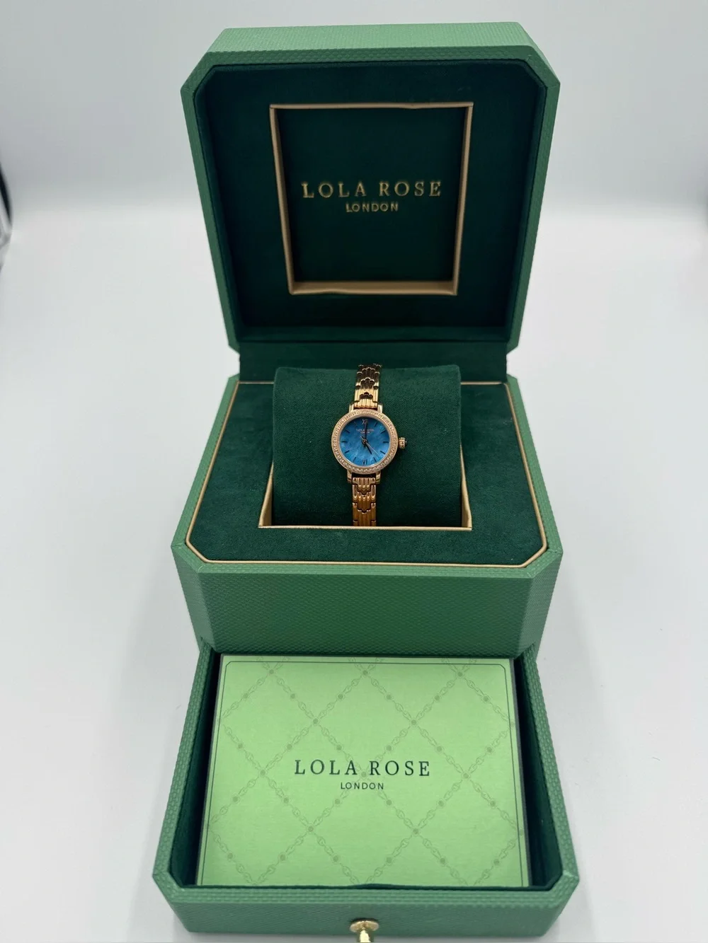 Show-stopper! LOLA ROSE, Rose-gold-tone Bracelet Watch, stunning ocean blue dial